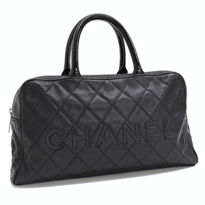 シャネル ボウリングバッグ ミニボストン ハンドバッグ A15685 マトラッセ キャビアスキン ブラック ロゴ CHANEL