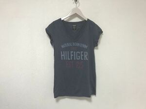 本物トミーヒルフィガーTOMMYHILFIGERコットンプリント Vネック半袖TシャツレディースビジネススーツアメカジサーフSブルーグレー