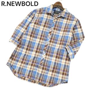 R.NEWBOLD ポールスミス 春夏 麻 リネン混★ ロゴ刺繍 7分袖 チェック シャツ Sz.L　メンズ　A4T08450_7#A