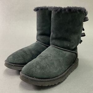 a23♪ UGG australia アグ オーストラリア ムートンブーツ ショートブーツ リボン スエード ブラック系 24cm レディース 女性用