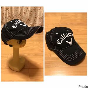 着用少な目.美品☆Callaway／キャロウェイ　サイズフリーF.57-59cm 6パネルコットンキャップ ゴルフ帽子 BIGロゴ刺繍入 テープ調整可能! 黒