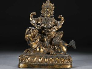 【瓏】古銅彫 塗金財寶天王坐像 清時代 古置物擺件 銅仏像 仏教文化 蔵出