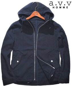 新品 M ▼ a.v.v Homme アーヴェーヴェーオム 抗菌防臭 速乾 フルジップ コードレーン パーカー ネイビー 濃紺 フード付 メンズ