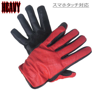 HEAVY HGGP-02P-RED サイズXL（レッド）山羊革パンチングメッシュグローブ　穴あき　スマホタッチ対応　サマーグローブ　バイク　夏用