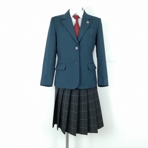 ブレザー チェックスカート ネクタイ 上下4点セット 155A カンコー 冬物 女子 学生服 鹿児島松陽高校 緑 制服 中古 ランクC NA0349