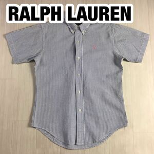 POLO BY RALPH LAUREN ポロバイ ラルフローレン 半袖シャツ M ストライプ ブルー×ホワイト 縮緬調 刺繍ポニー