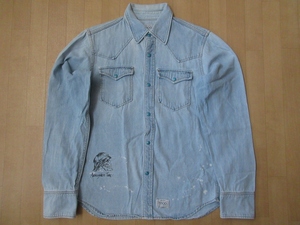 FUCT SSDD ブリーチ 加工 デニム シャツ S インディゴ ブルー ファクトDENIM SHIRT シャンブレー ジャケット ヴィンテージ スカル バイカー