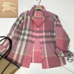 ★超希少1番大きいサイズ★超美品★バーバリー BURBERRY 46-48/15-17号/XL-3L ニュアンスカラー☆メガチェック長袖シャツ 夏アウター羽織り