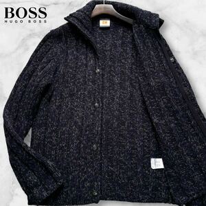 極美品/XLサイズ◎ヒューゴボス ドライバーズニット HUGO BOSS ケーブル編み ハイネック メランジ ウール ジップ ジャケット ネイビー系