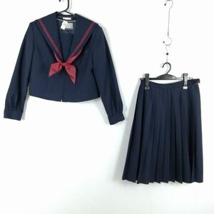 1円 セーラー服 スカート スカーフ 上下3点セット トンボ 冬物 赤2本線 女子 学生服 大分豊陽中学 紺 制服 中古 ランクC EY0155