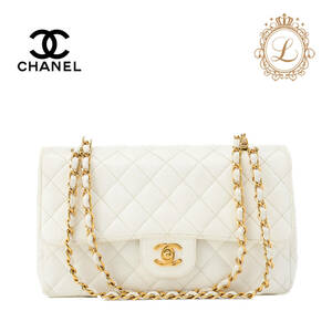 CHANEL シャネル ショルダーバッグ キャビアスキン マトラッセ 白 ゴールド金具 ダブルフラップ25 ターンロック ブランド【中古】【送