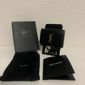 美品　SAINT LAURENT サンローラン コンパクトウォレット　三つ折り財布　レザー ゴールド金具　ブラック　折り財布　YSL