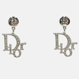 中古AB/使用感小 Christian Dior クリスチャンディオール メタル ラインストーン ピアス ロゴ フープ ヴィンテージ レディース 20465540