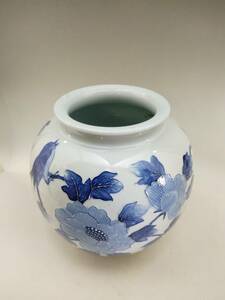 1120-0004　 中古★平安瑞光 壺 花鳥図 牡丹 雀 染付 花器 花瓶 花入 花生 陶器 陶磁製 陶芸 伝統工芸 骨董 高さ約21cm