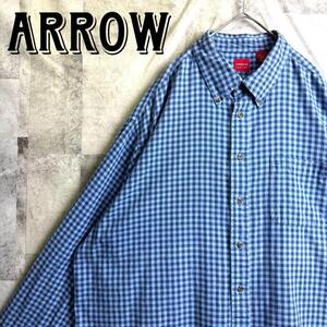 美品 ARROW アロー ボタンダウンシャツ 長袖 ギンガムチェック ブルー 青 2XL