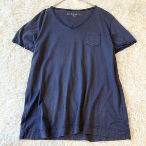 美品/Lサイズ◎チルコロ 半袖Tシャツ カットソー CIRCOLO 1901 Vネック 無地 胸ポケット 綿 コットン100% ネイビー メンズ ルーマニア製