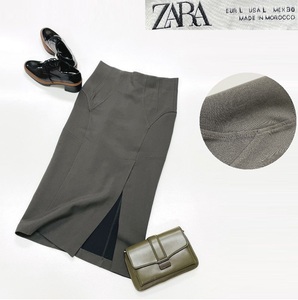 未使用品 /L/ ZARA チャコール ペンシルスカート レディース カジュアルボトム ビジネス通勤 フェミニン 大人可愛いスリット デイリー ザラ