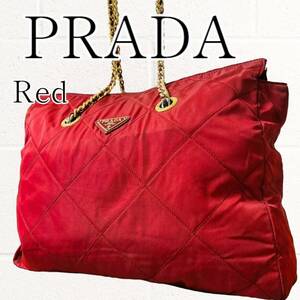 【良品】PRADA(プラダ)トートバッグ チェーン ナイロン 肩掛け 赤 レッド