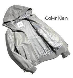 美品【定価9.7万】Calvin Klein カルバンクライン レザー パーカー 38 フードジャケット 羊革 メンズ【美シルエット】グレー ジップ