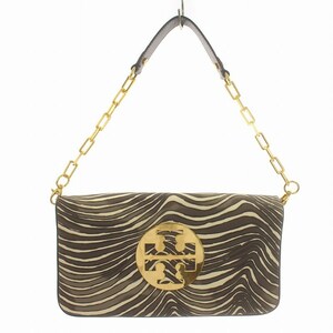 トリーバーチ TORY BURCH チェーン ショルダー バック クラッチ 2WAY ロゴ金具 肩掛け レザー ナイロン グレー ゴールド色 /IR ■GY18 レデ