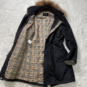 希少L!!! バーバリーブラックレーベル モッズコート リアルファー 2way 中綿 ノバチェック 黒 BURBERRY BLACKLABEL japanese label Y2K 