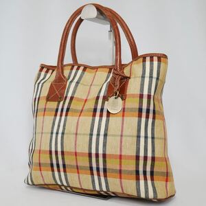 【美品 希少 リネン】BURBERRY バーバリー トートバッグ ハンドバッグ ノバチェック ヴィンテージ 麻 レザー　本革 ベージュ ブラウン 