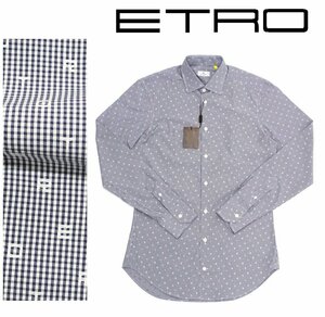 8万新品◆38=S◆エトロ◆紺白ギンガムチェック×ETROロゴ イタリア製爽やかコットンシャツ【ETRO】1円