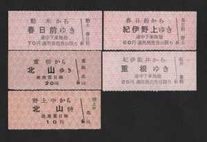 野上電気鉄道（野上電鉄）の常備軟券乗車券５枚セット　平成６年廃止