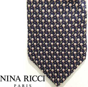 送料220円～国内正規品Nina Ricci小花柄シルク ネクタイ 花柄フラワー柄ネイビー×ピンク×ホワイト絹100%日本製 永島服飾(株)ニナリッチ