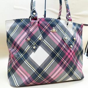 vivienne westwood ヴィヴィアンウエストウッド ハンドバッグ トートバッグ チェック PVCレザー マルチカラー チェック ピンク ビジネス 白