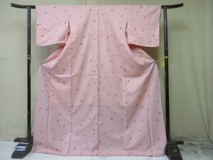 1円 良品 化繊 着物 小紋 洗える 和装 和服 桃色 桜吹雪 花柄 おしゃれ 高級 袷 身丈164cm 裄66cm【夢職】★★★