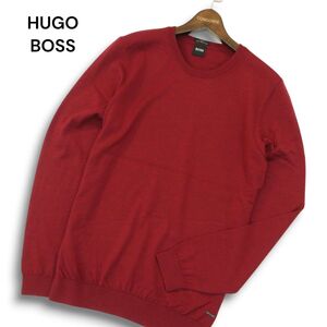 HUGO BOSS ヒューゴボス 秋冬 イタリア製生地★ ウール100％ クルーネック ニット セーター Sz.L　メンズ 赤　A4T11638_B#K