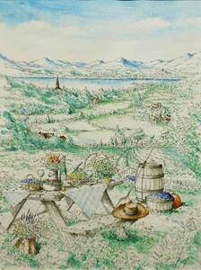 ＊真作＊超希少 版画の原画！肉筆 内田新哉「Lake Side」ミックスメディア 水彩 風景画 細かく描かれた細密画/お洒落/SHINYA UCHIDA/湖