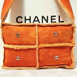 入手困難品/美品●CHANELシャネル チョコバー ココマーク ムートン ショルダーバッグ 斜め掛け 肩掛け レディース オレンジ シルバー 