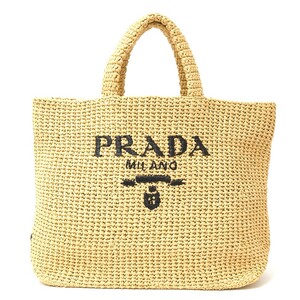 PRADA プラダ ラフィアトートバッグ 1BG392 ハンドバッグ ラフィア ベージュ×ブラック トライアングルロゴ 三角プレート レディース