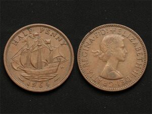 【イギリス】 1964年 ハーフペニー 1/2 Penny エリザベス2世 帆船 銅貨