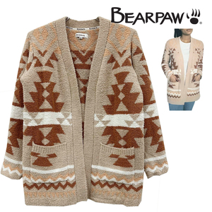 新品 M ★ BEARPAW ベアパウ レディース カーディガン ブラウン ベージュ ノルディック柄 もこもこ ふわもこ 前開き ルームウェア コストコ