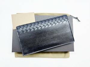 美品　Bottega Veneta　ボッテガヴェネタ　イントレチャート　 リザード　カーフ　異種素材　二つ折り長財布　黒