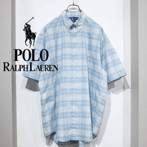 L / 90s POLO RALPH LAUREN ポロ ラルフローレン B.D 半袖シャツ BLAIRE ブレイア ブルー マドラスチェック 夏 メンズ 古着 アメトラ