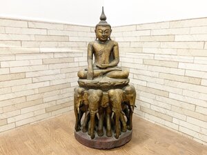 仏陀 ブッタ 普賢菩薩 インド チベット 釈迦 象 神様 置物 芸術 木製 彫刻 仏像 座像 アンティーク オブジェ 高さ100cm 引取限定 大阪（B)