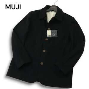 【新品 未使用】 MUJI 無印良品 秋冬 フレンチ ウール混 メルトン ステンカラー ハーフ コート Sz.L メンズ ネイビー　A4T13099_C#N