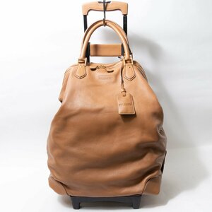 【1円スタート】TRUSSARDI トラサルディ レザースーツケース ストラップ付き 皮革 エレガント ロゴ型押し キャメル 黄土色 イタリア製