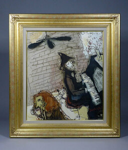 【真作】洋画家　松井ヨシアキ『猫と女とピアニスト』油彩画　F１０号　油絵