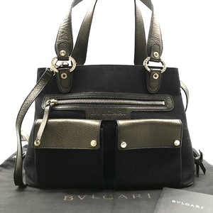 美品 BVLGARI ブルガリ 2WAY ハンド トート バッグ キャンバス レザー ブラック ブロンズ ロゴマニア レディース k2983