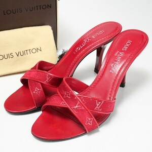 GQ0842*イタリア製《ルイヴィトン Louis Vuitton》モノグラムサテン クロスストラップサンダル ミュール Size 37.5 靴 レッド