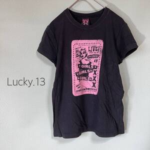 ◎LUCKY 13 半袖Tシャツ プリントTシャツ クルーネックTシャツ 黒色 レディース Sサイズ コットン100％ コットンTシャツ