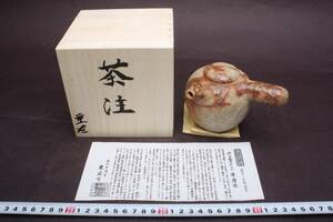 3344 常滑焼 重左窯 斬新 モダン 横手急須 藻掛け 白泥 窯変 茶注 煎茶道具 木箱 栞付 