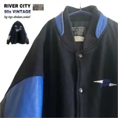 【一点物】90s RIVER CITY袖レザー本革ビッグロゴ刺繍スタジャン激レア