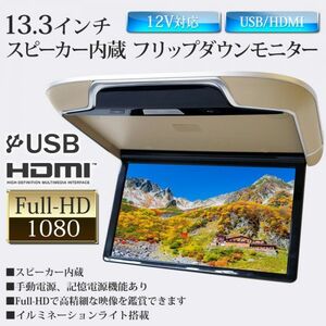 ベージュ 13.3インチ ルームランプ 16色イルミネーションライト搭載 フリップダウンモニター Full-HD USBメモリ 32GB MP4 1080p MP3 JPEG