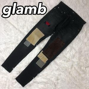 glamb グラム デニムパンツ ジーンズ Gパン ズボン ストレッチ パッチワーク リペア加工 ブラック 黒色 S レディース メンズ ユニセックス